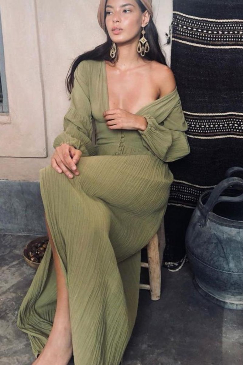Giselle V Yaka Plise Maxi Sütçü Elbise