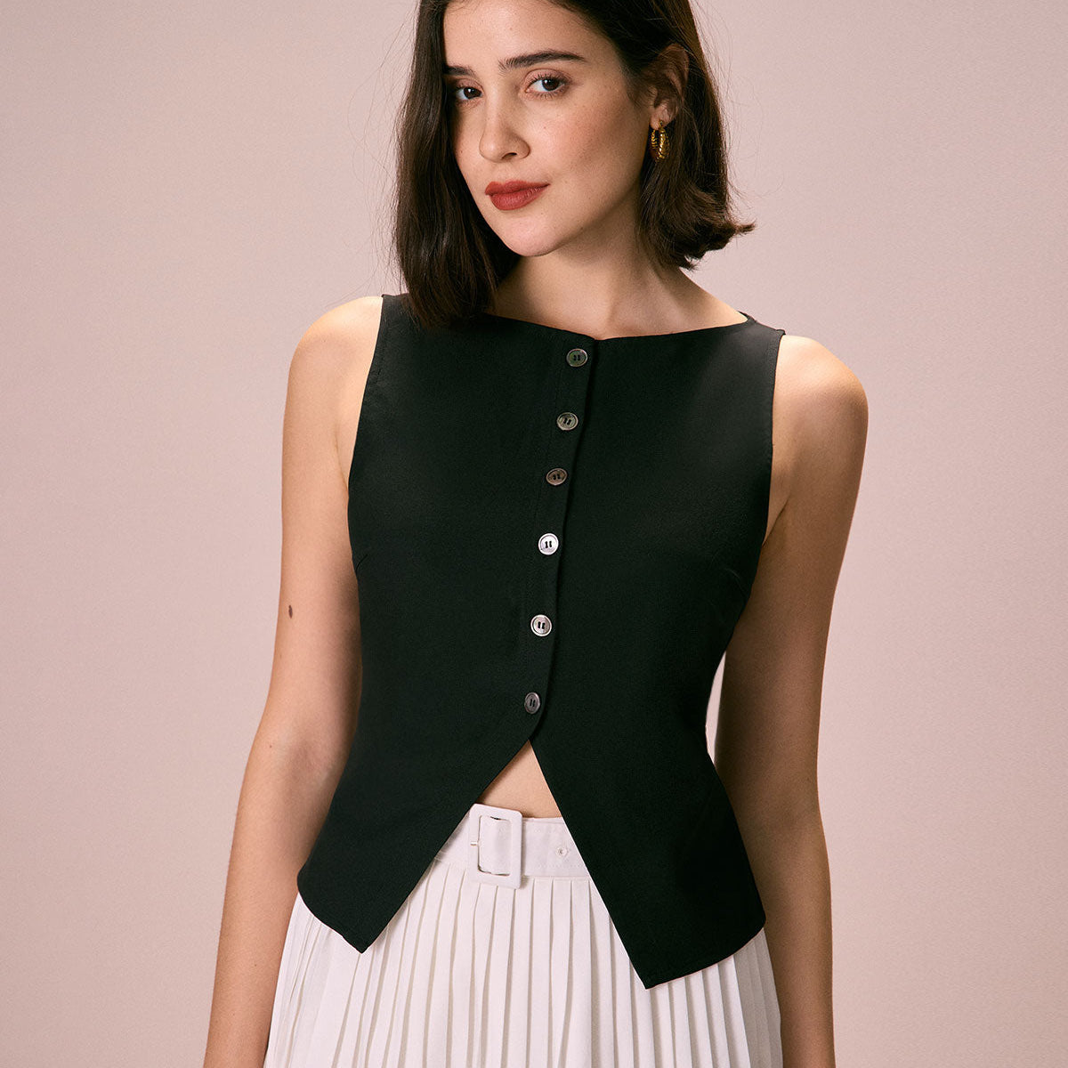 Shewess™ Siyah Kayık Yaka Düğmeli Atlet