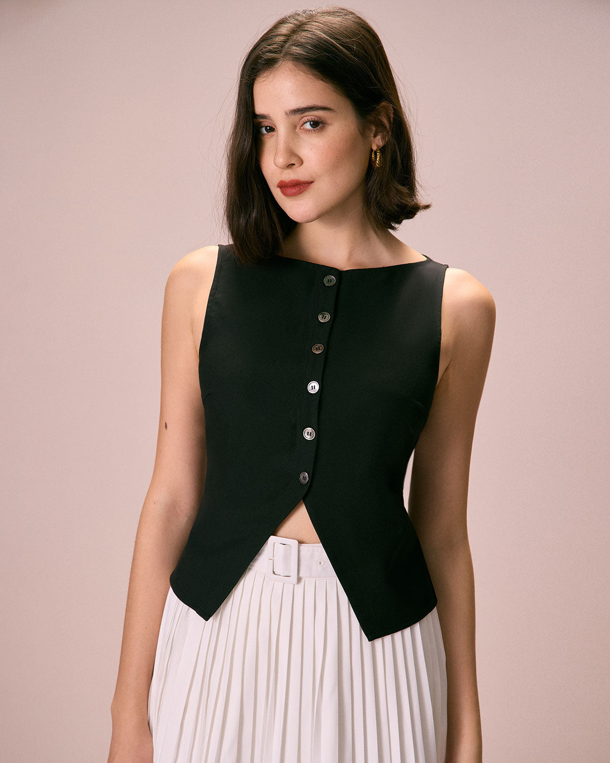 Shewess™ Siyah Kayık Yaka Düğmeli Atlet