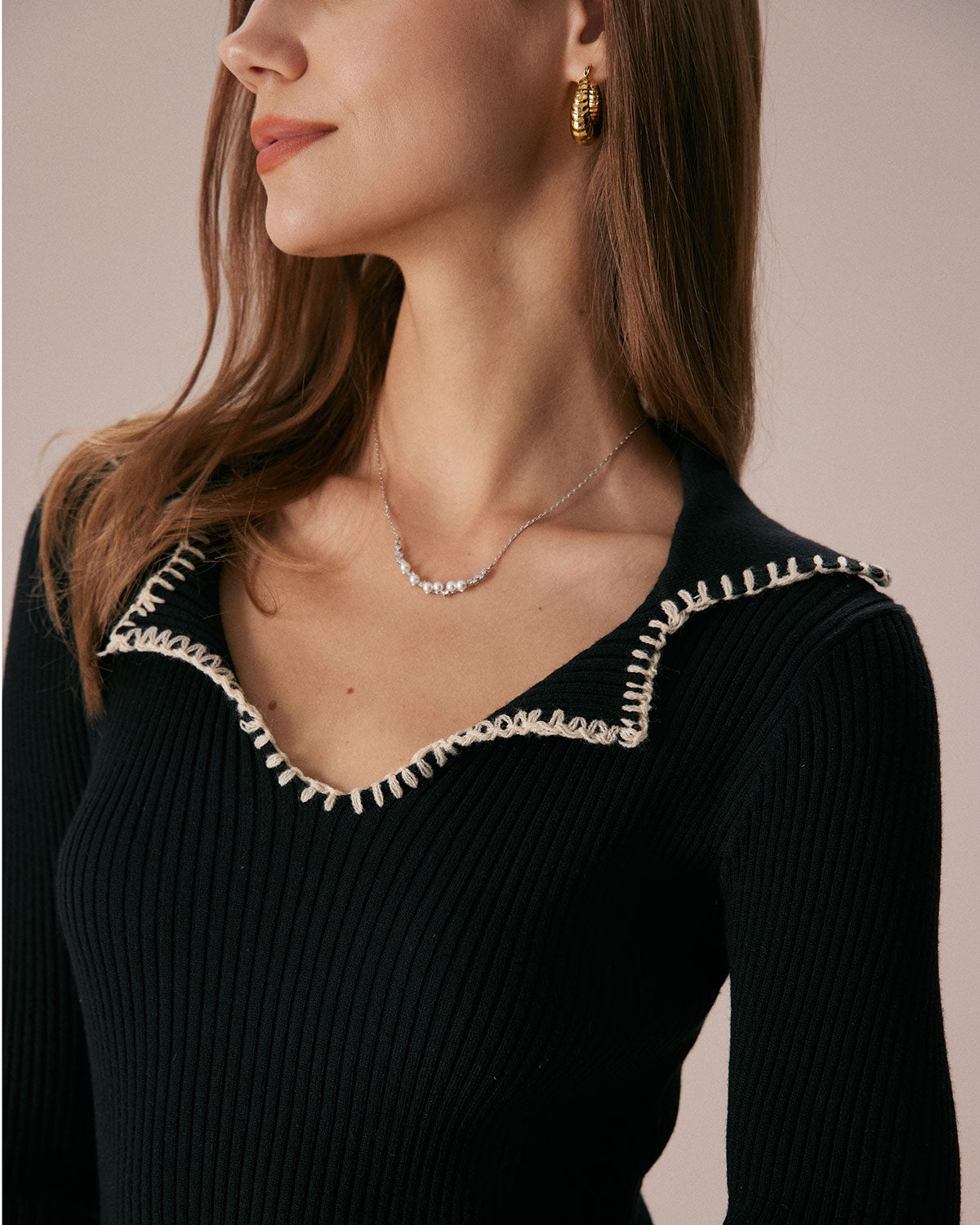 Shewess™ Siyah Kontrast Dikişli Triko Mini Elbise