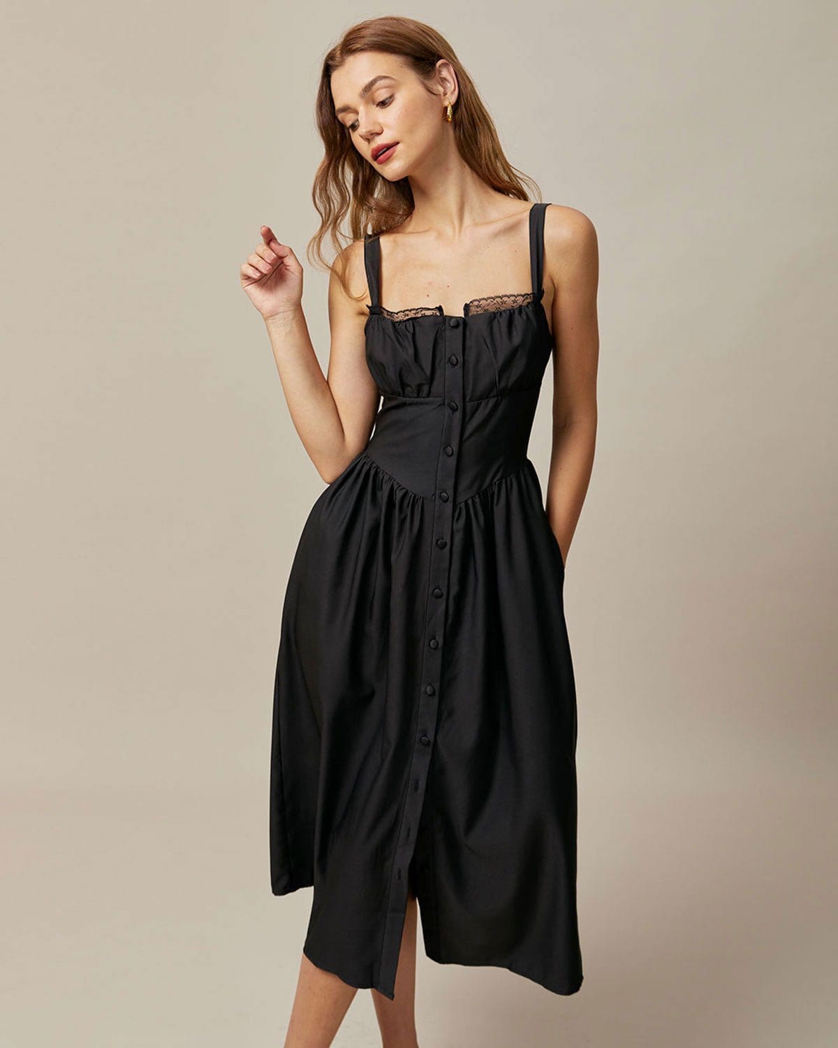 Shewess Siyah Kare Yaka Dantelli Cami Midi Elbise