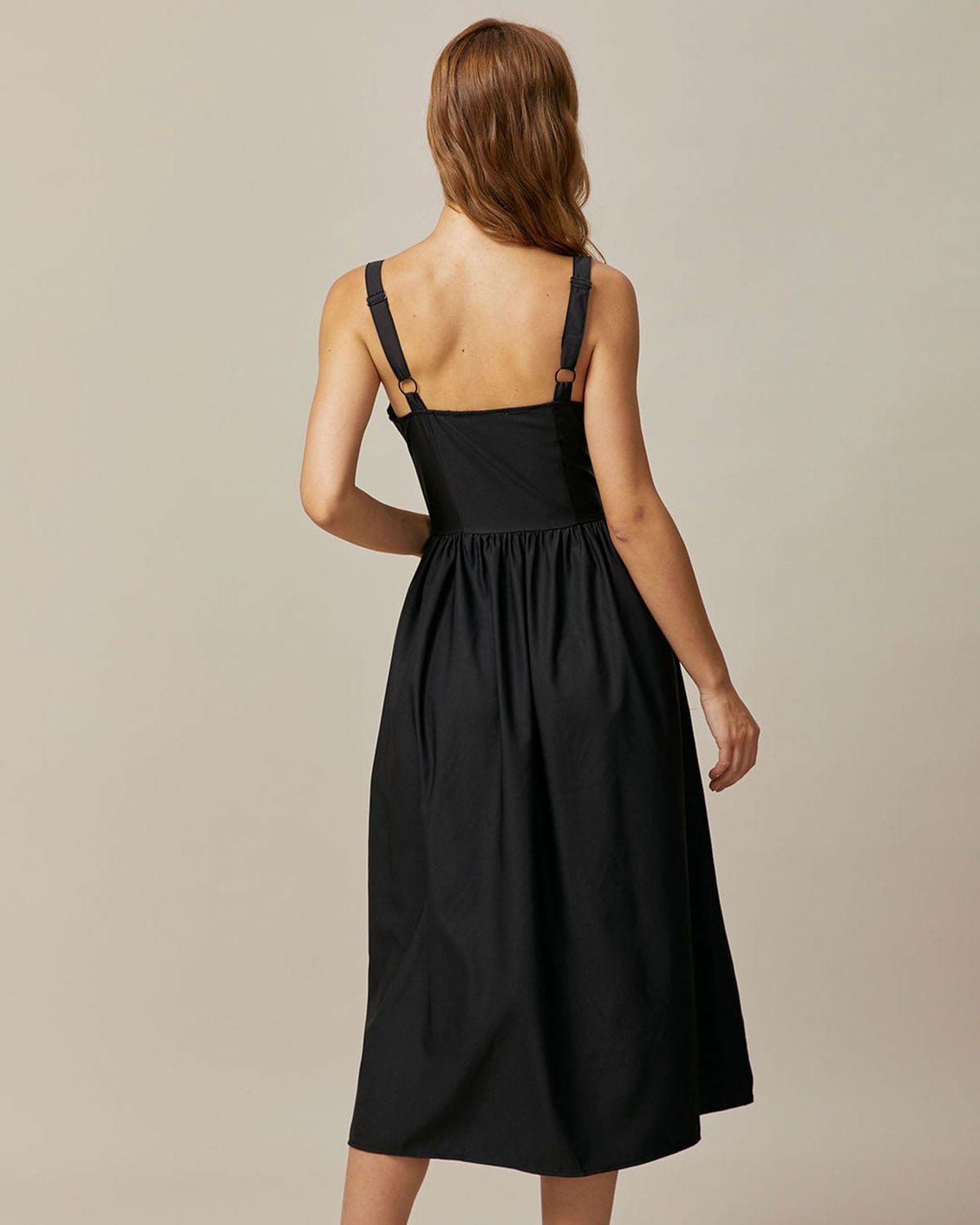 Shewess Siyah Kare Yaka Dantelli Cami Midi Elbise