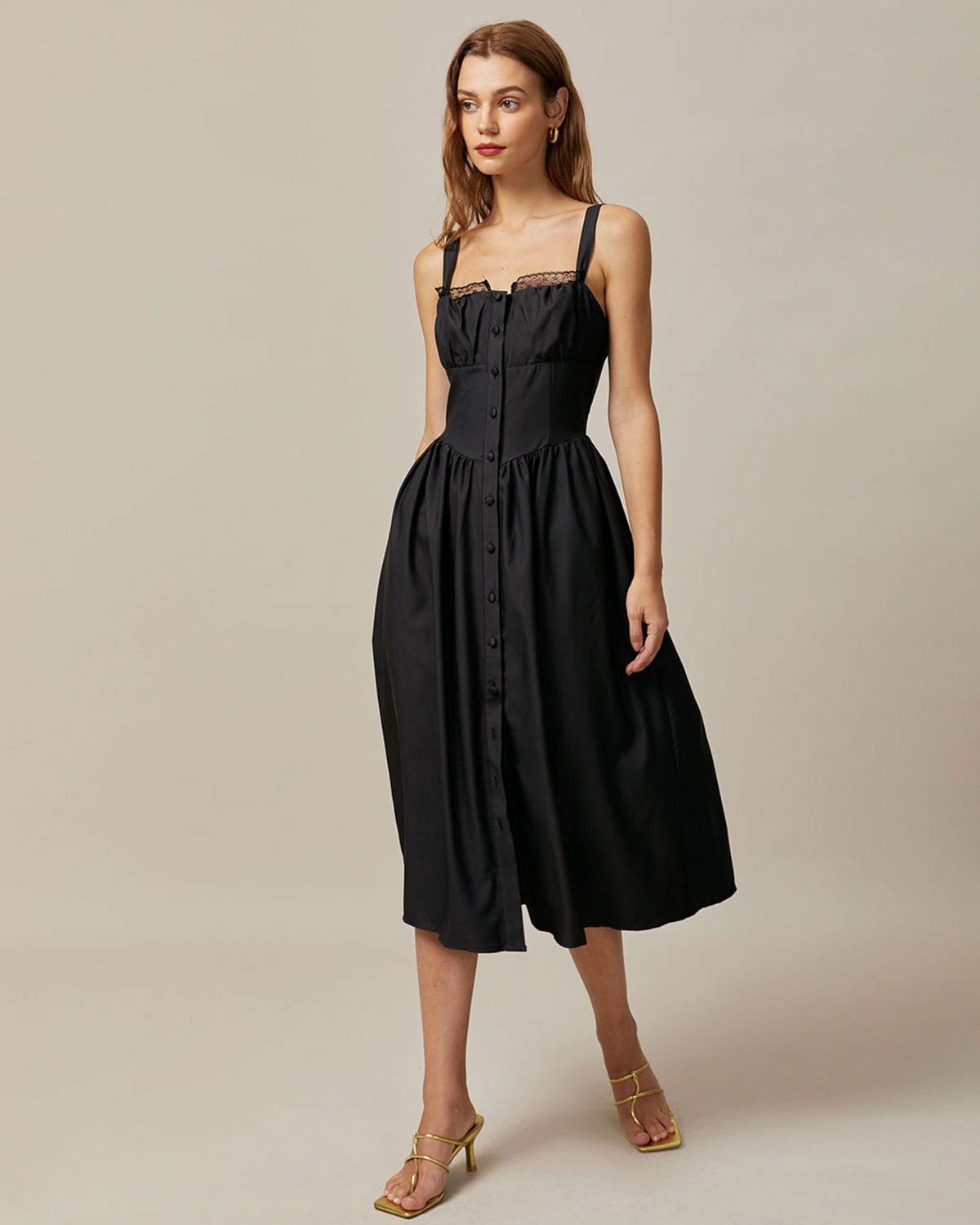 Shewess Siyah Kare Yaka Dantelli Cami Midi Elbise