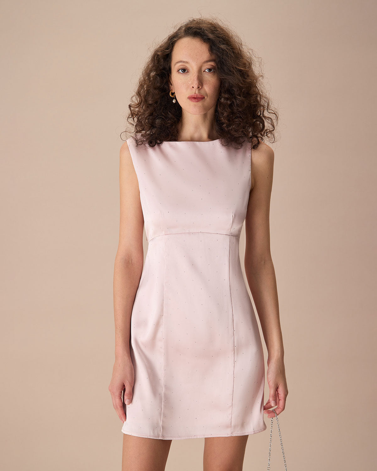 Shewess™ Pembe Kayık Yaka Fiyonklu Saten Mini Elbise