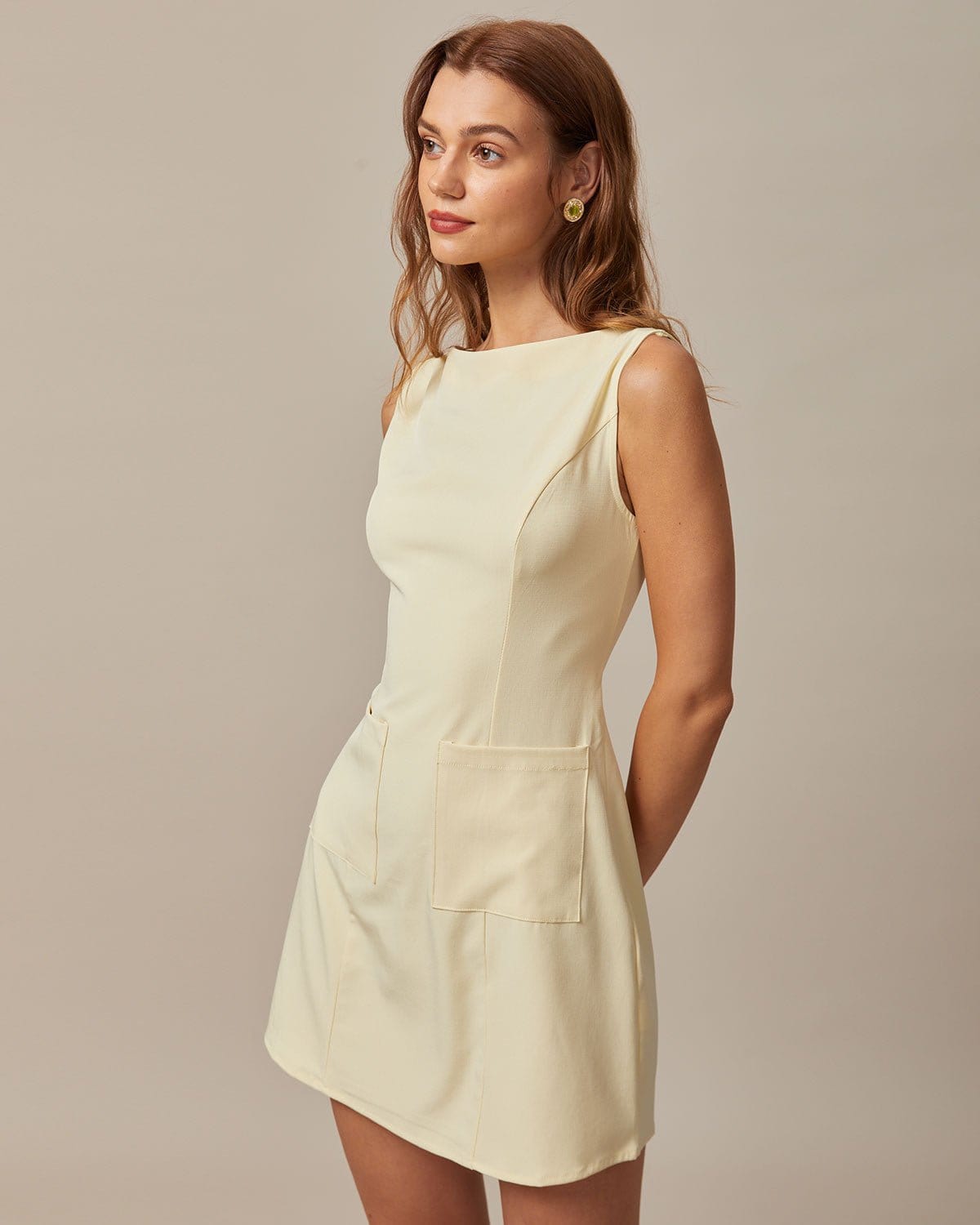 Shewess Sarı Kayık Yaka Mini Elbise