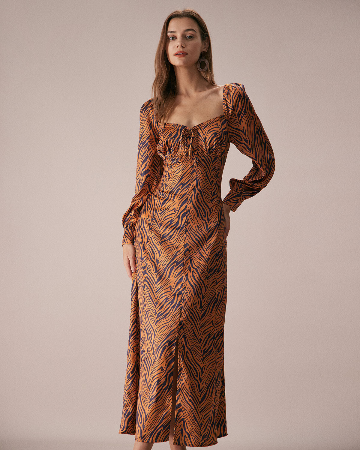 Shewess™ Kahverengi Kalp Yaka Zebra Maxi Elbise