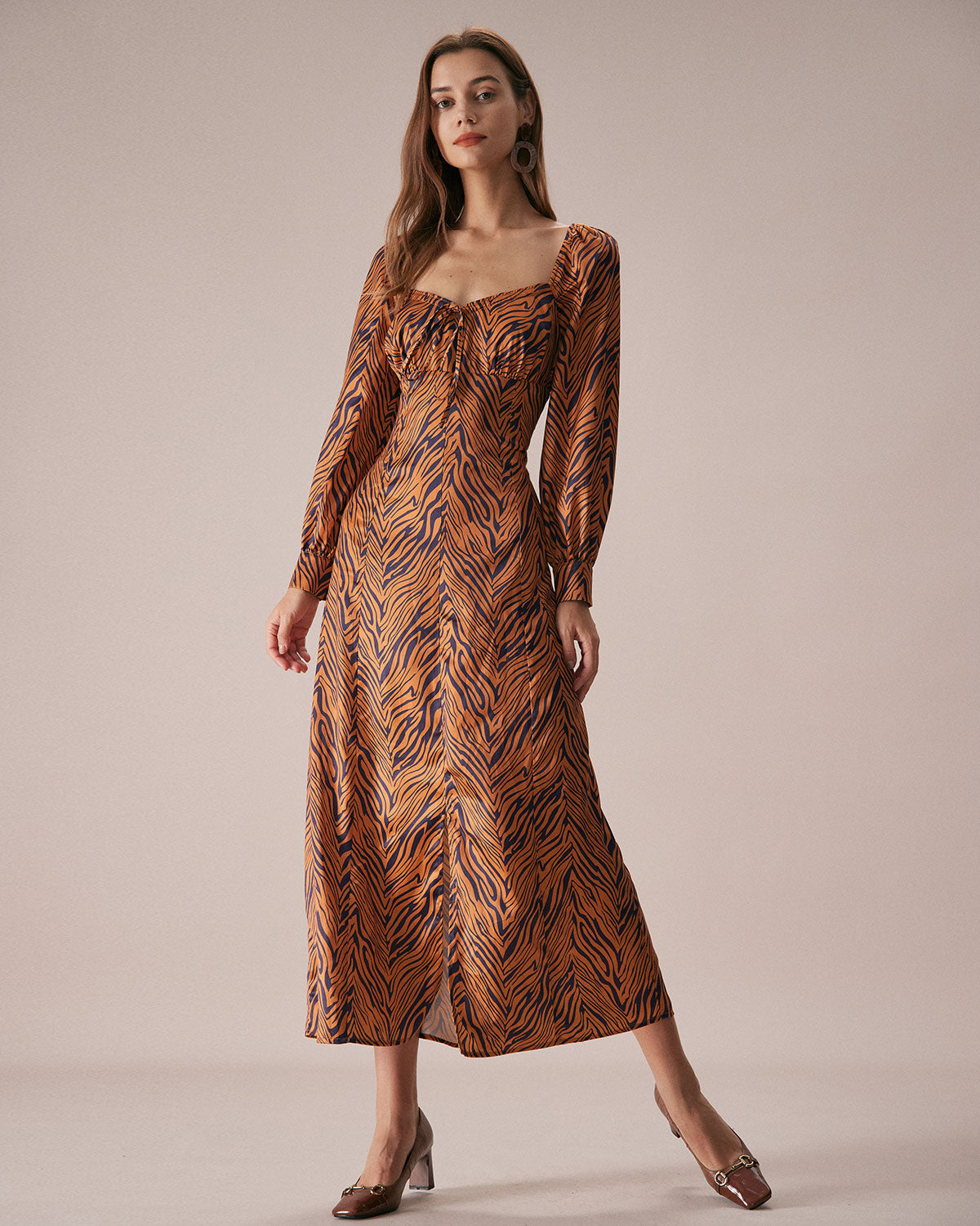 Shewess™ Kahverengi Kalp Yaka Zebra Maxi Elbise