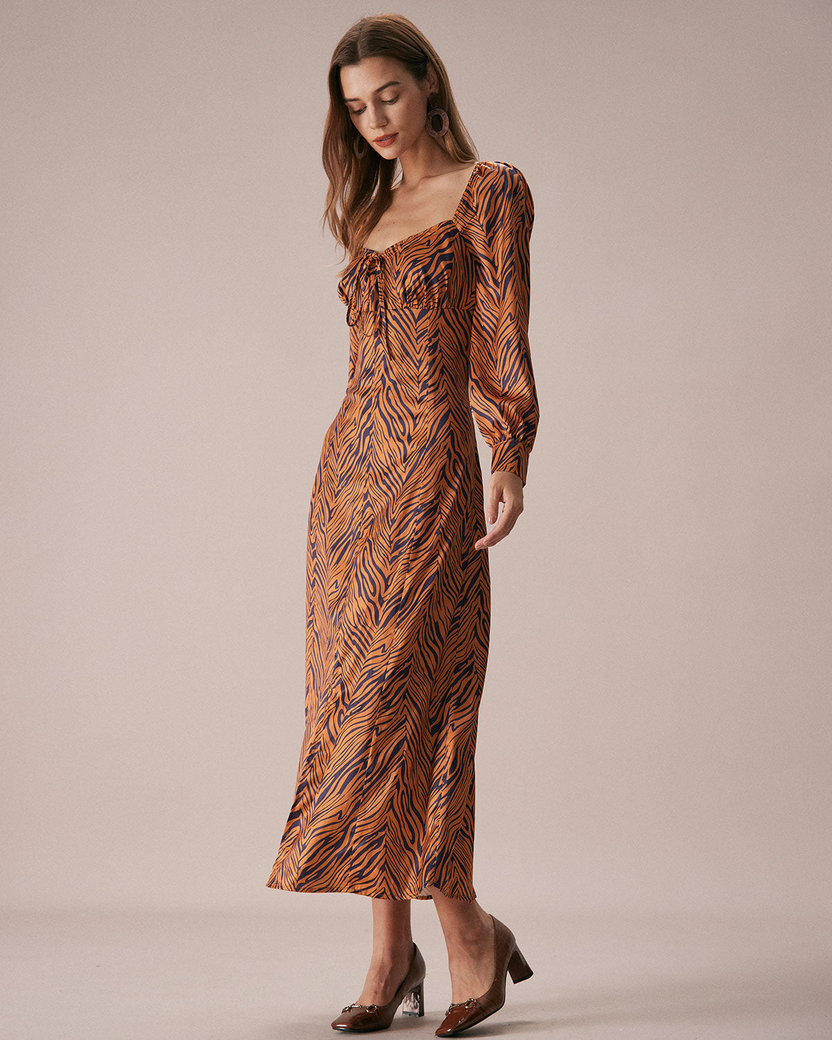 Shewess™ Kahverengi Kalp Yaka Zebra Maxi Elbise