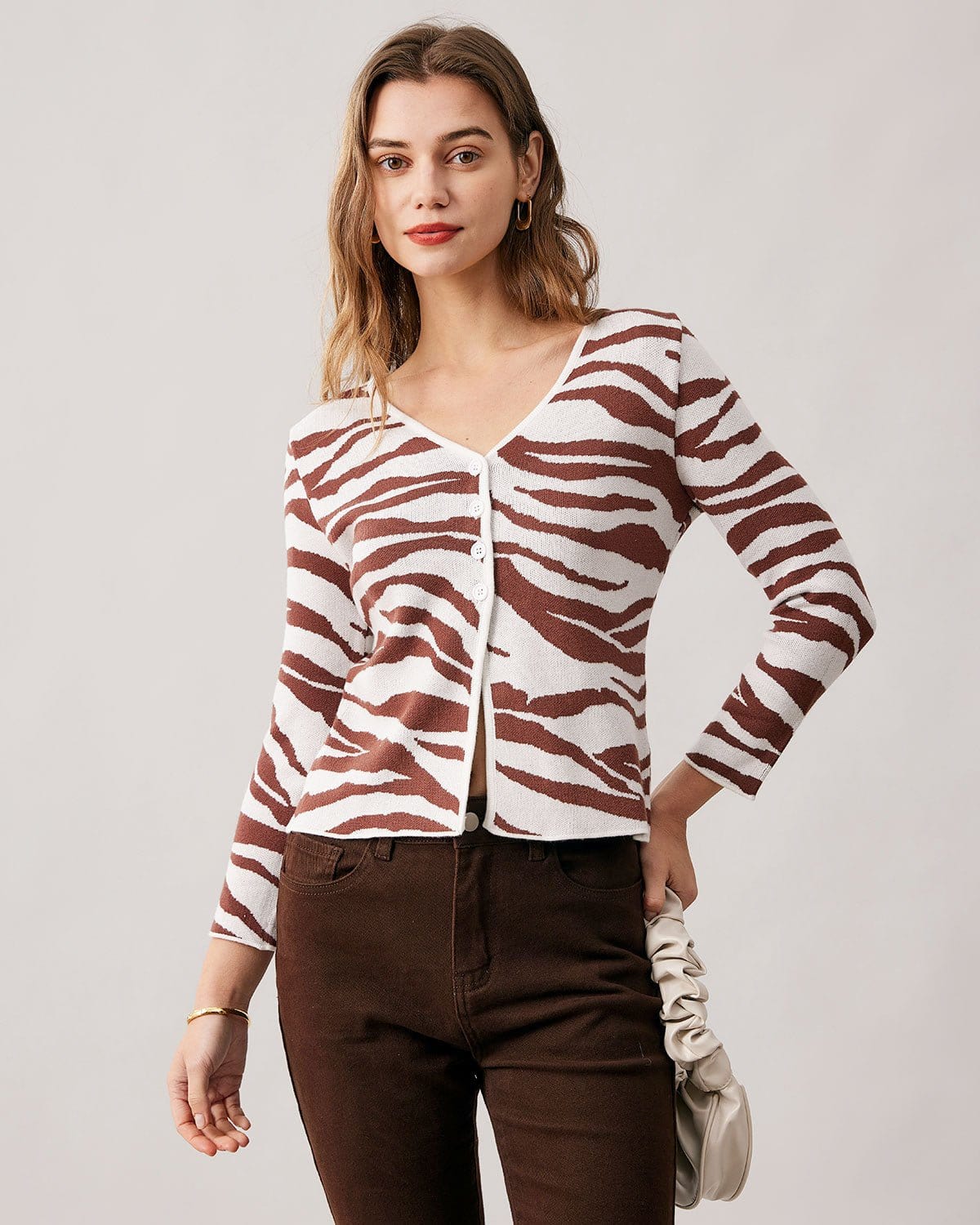 Shewess™ Kahve V Yaka Zebra Örgü Hırka