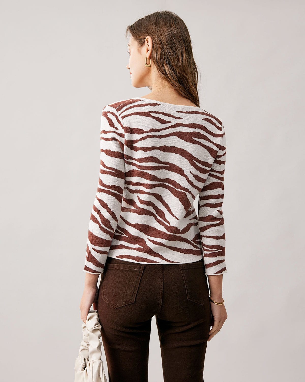 Shewess™ Kahve V Yaka Zebra Örgü Hırka