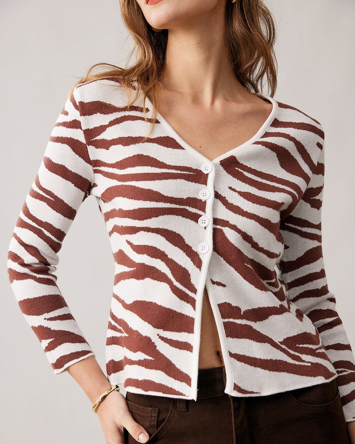 Shewess™ Kahve V Yaka Zebra Örgü Hırka