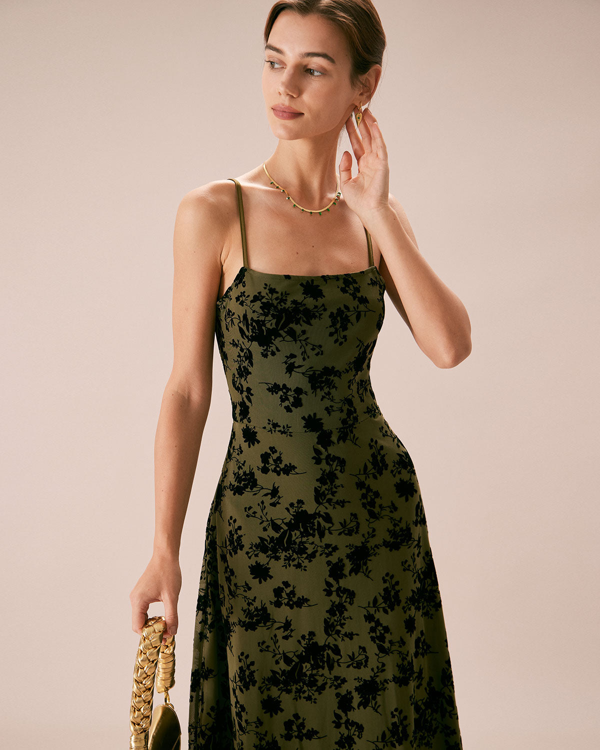 Shewess Yeşil Çiçekli Burnout A-Line Slip Midi Elbise