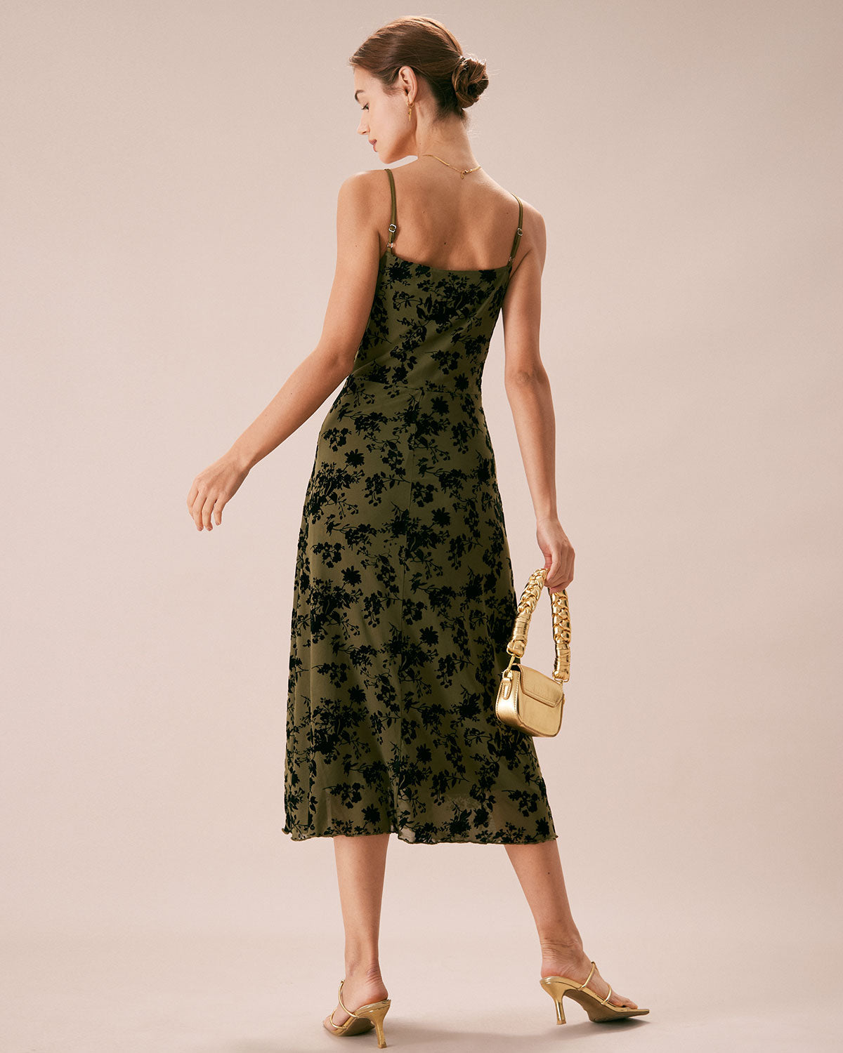 Shewess Yeşil Çiçekli Burnout A-Line Slip Midi Elbise