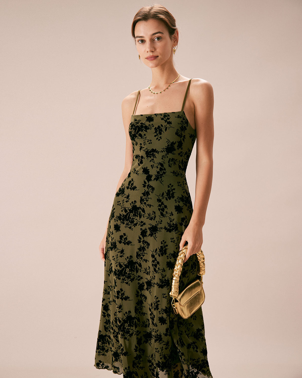 Shewess Yeşil Çiçekli Burnout A-Line Slip Midi Elbise