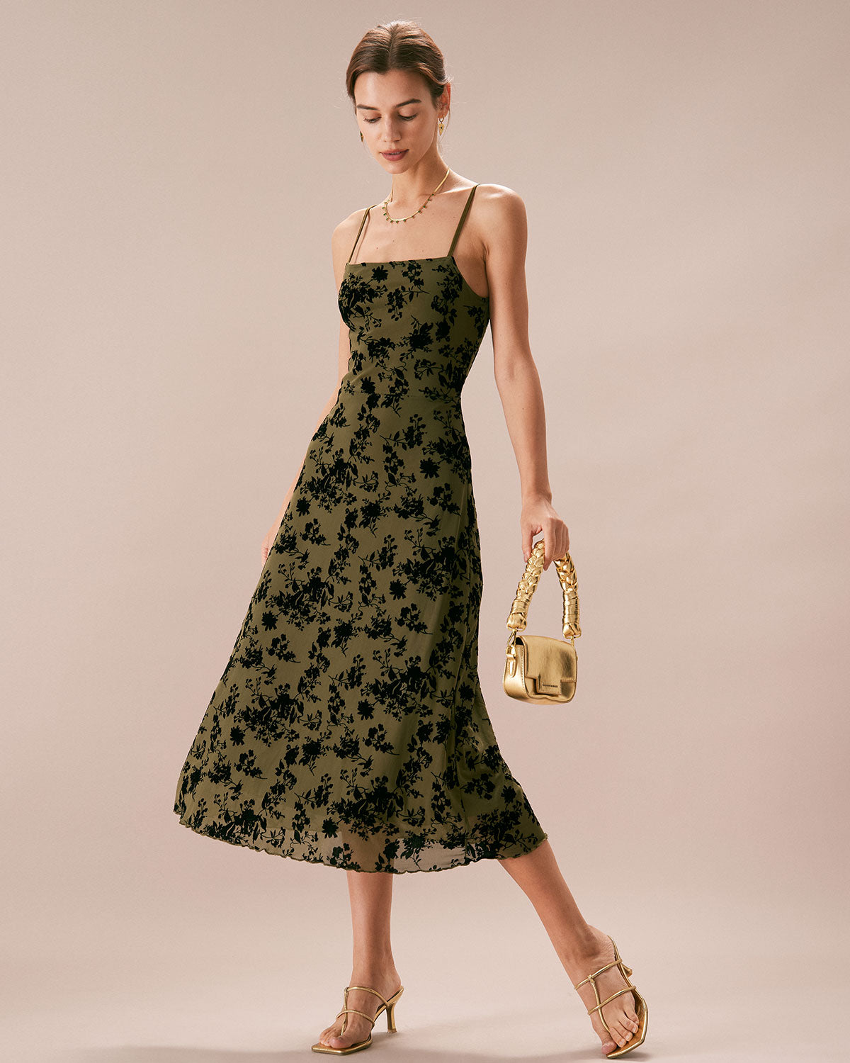 Shewess Yeşil Çiçekli Burnout A-Line Slip Midi Elbise