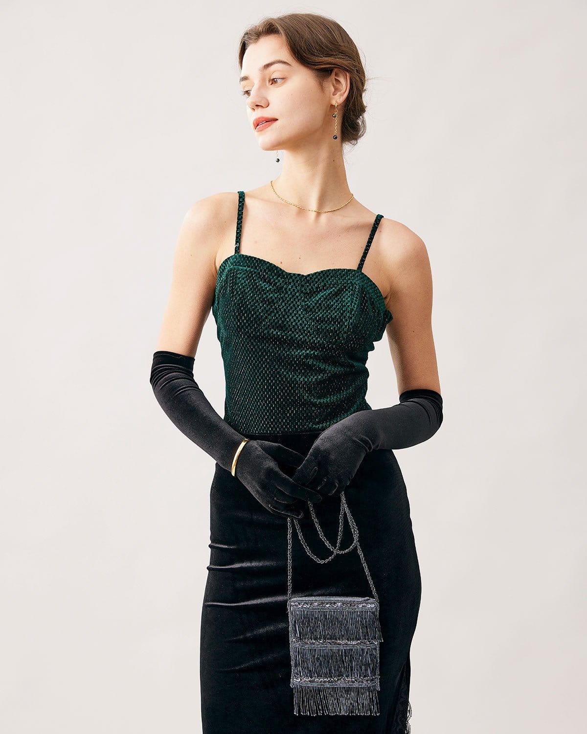 Shewess™ Yeşil Kalp Yaka Kadife Crop Cami Üst