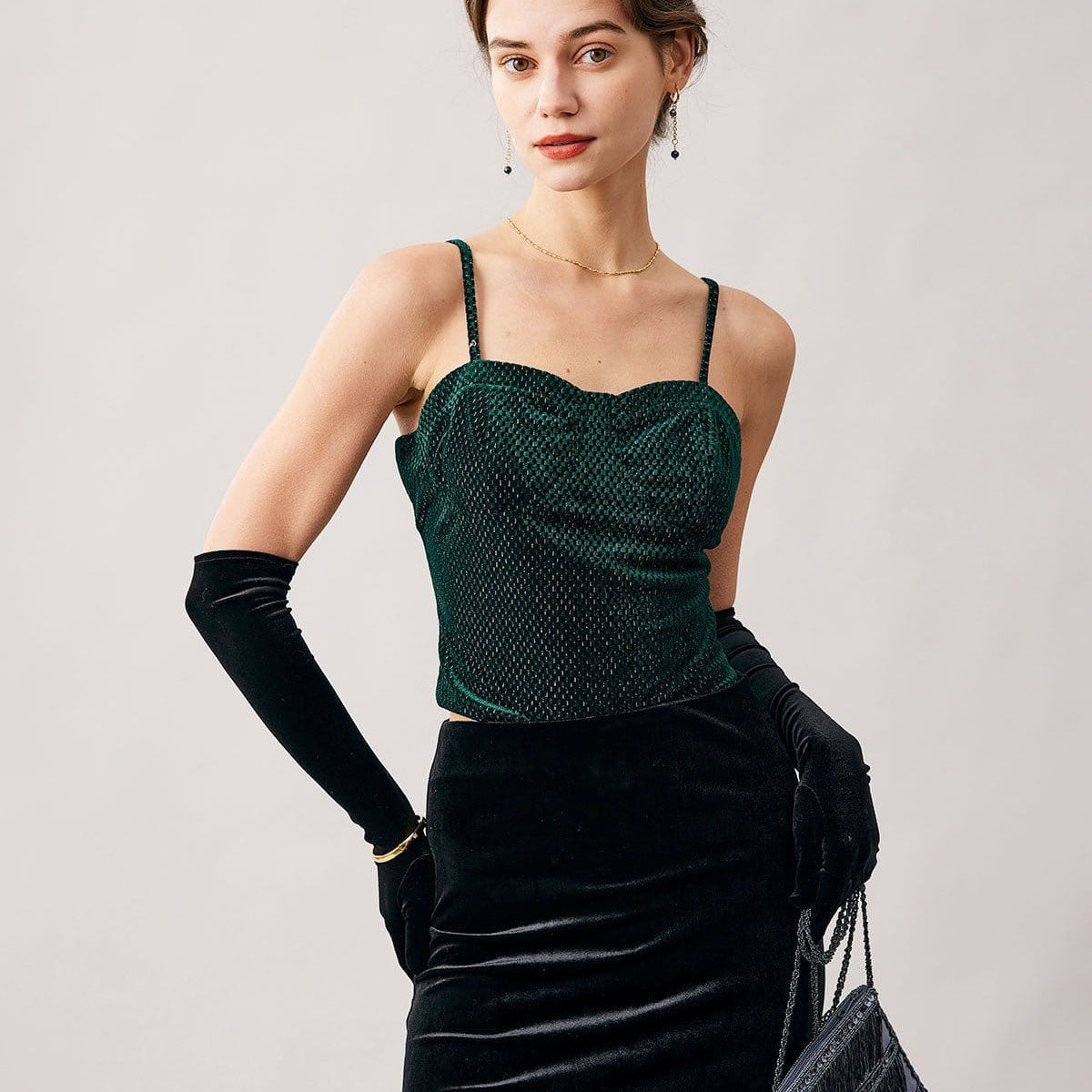 Shewess™ Yeşil Kalp Yaka Kadife Crop Cami Üst