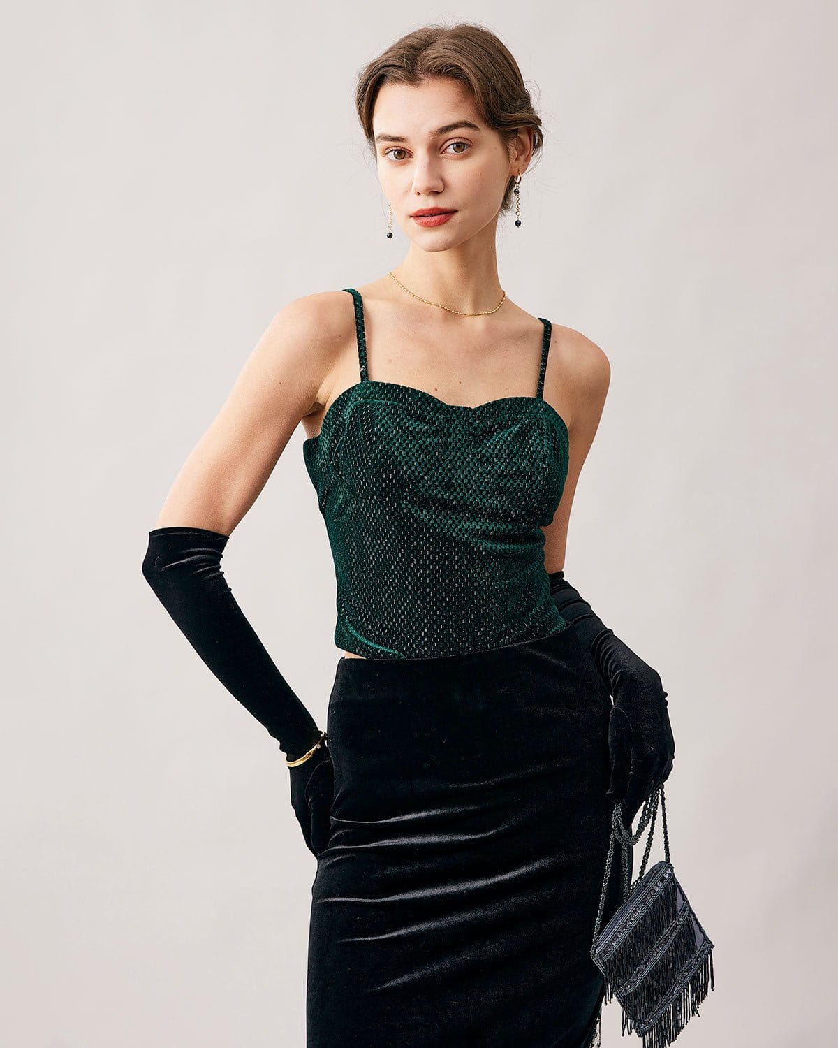 Shewess™ Yeşil Kalp Yaka Kadife Crop Cami Üst