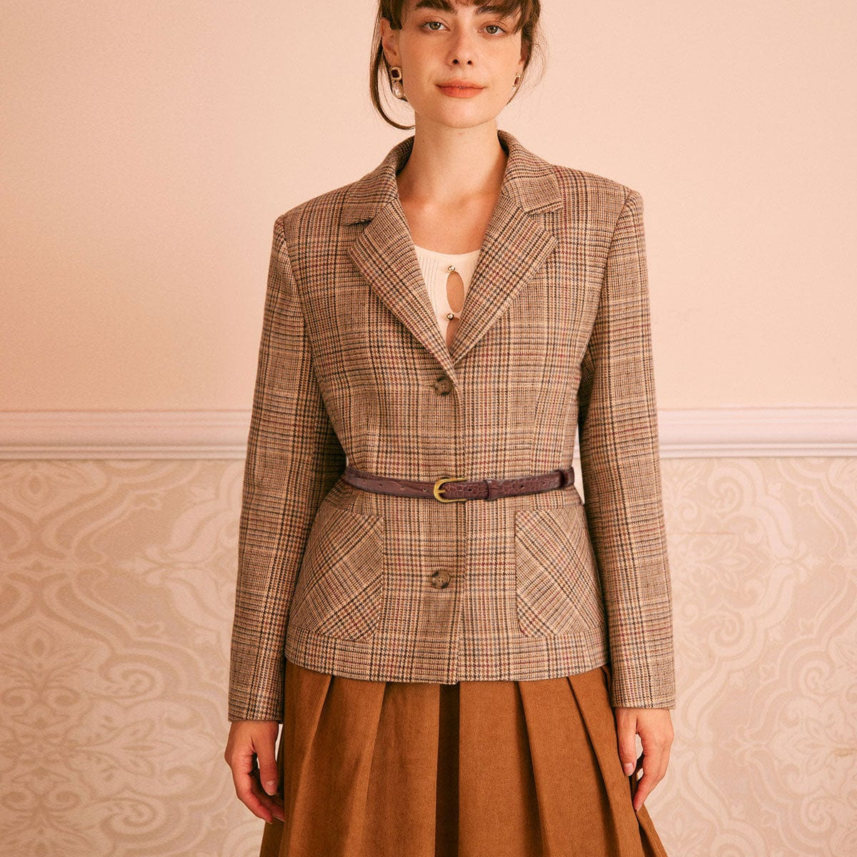 Shewess™ Haki Yaka Ekose Tek Sıra Düğmeli Blazer
