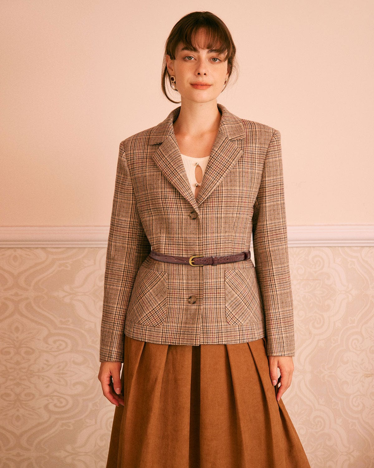 Shewess™ Haki Yaka Ekose Tek Sıra Düğmeli Blazer