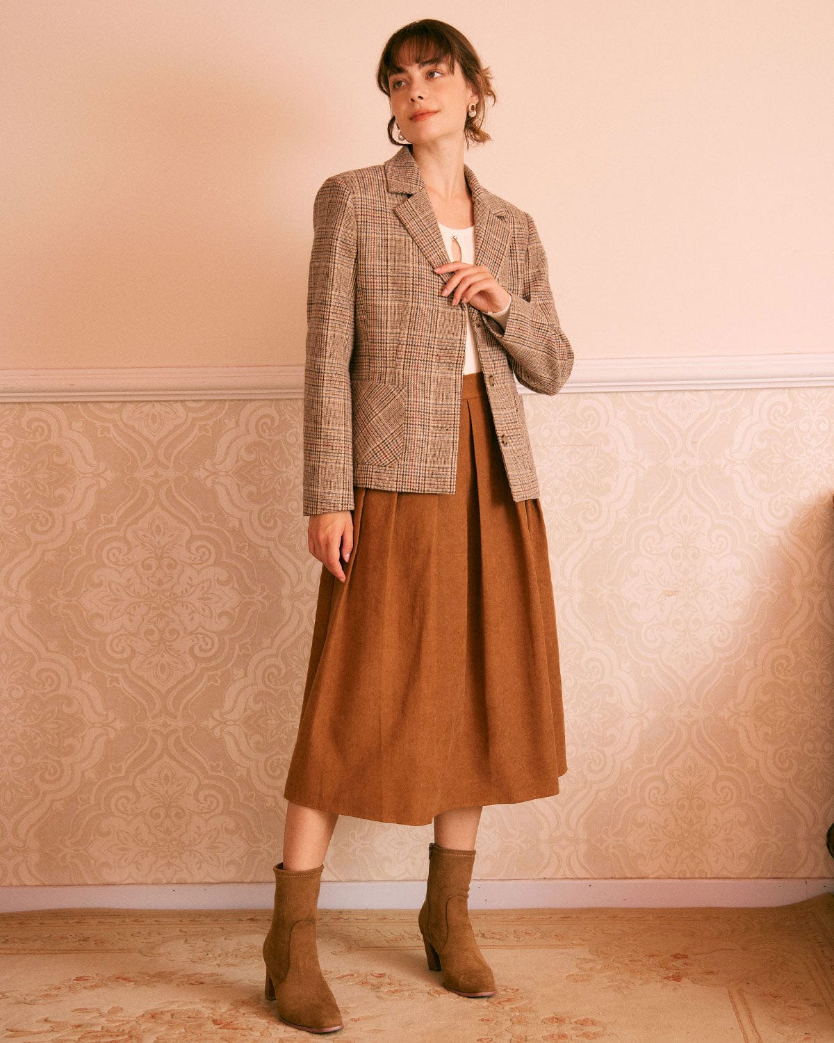 Shewess™ Haki Yaka Ekose Tek Sıra Düğmeli Blazer
