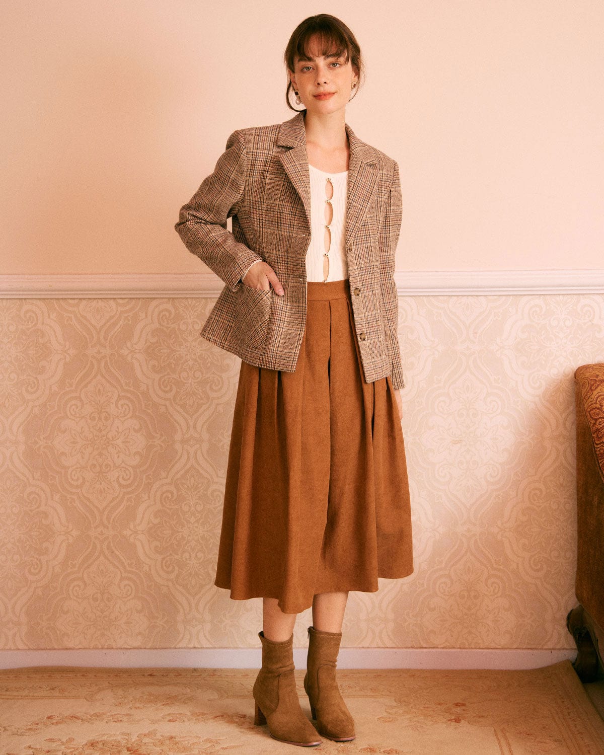 Shewess™ Haki Yaka Ekose Tek Sıra Düğmeli Blazer