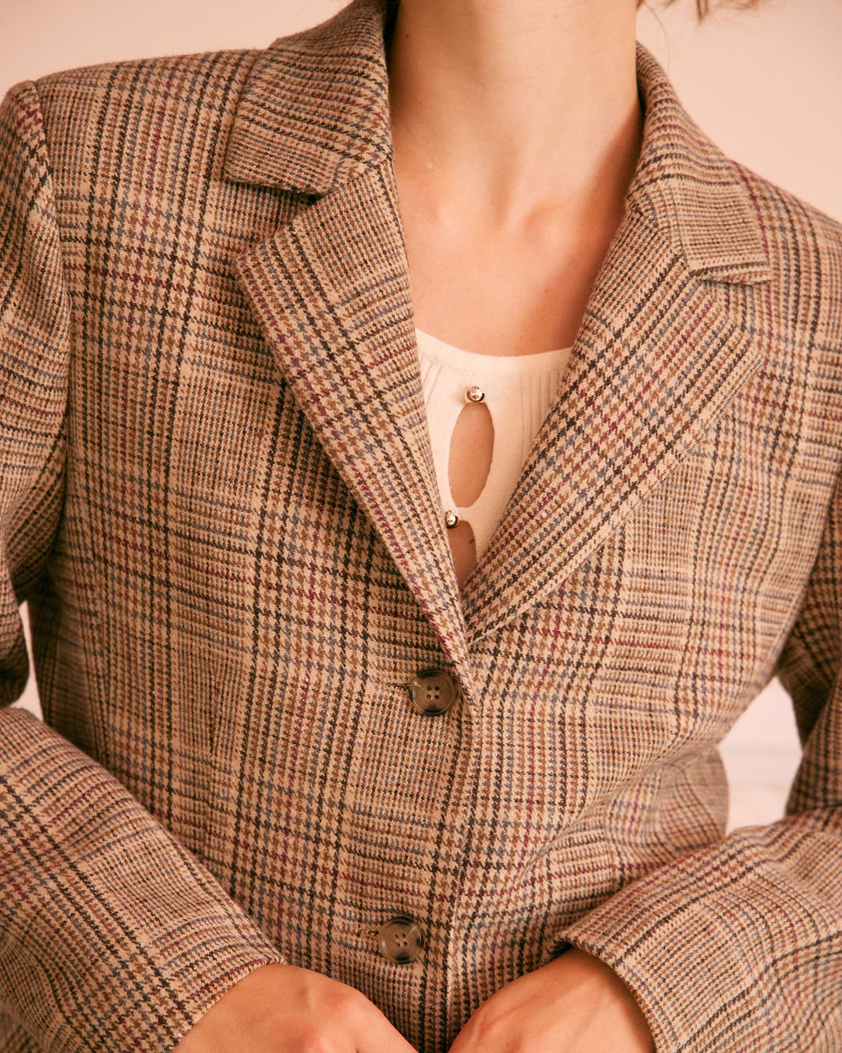 Shewess™ Haki Yaka Ekose Tek Sıra Düğmeli Blazer