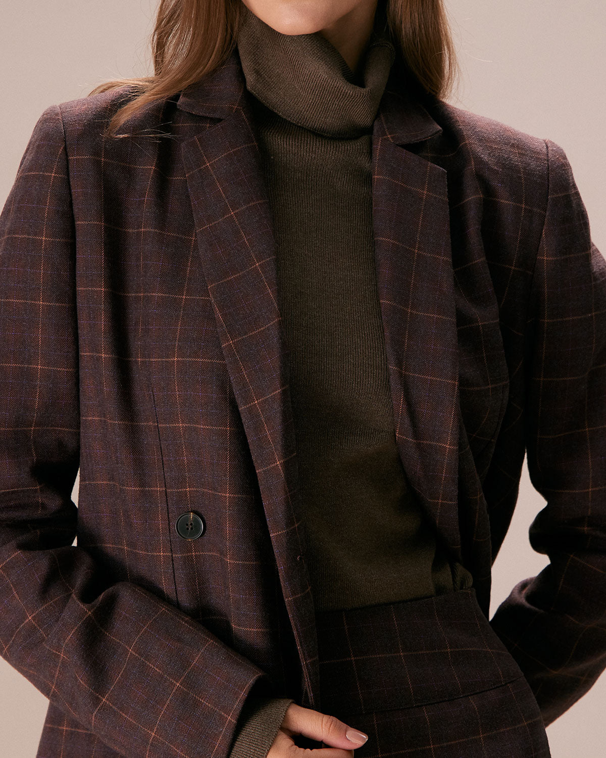 Shewess™ Kahve Yaka Kruvaze Ekose Blazer