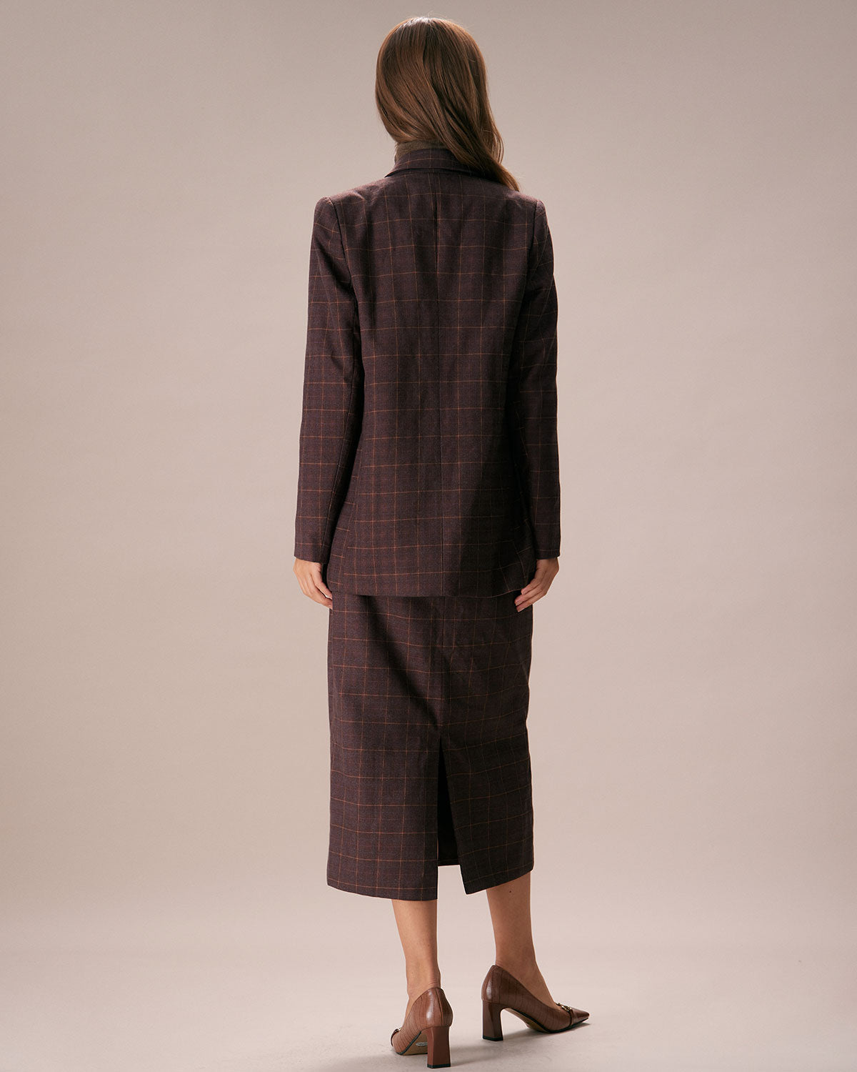 Shewess™ Kahve Yaka Kruvaze Ekose Blazer