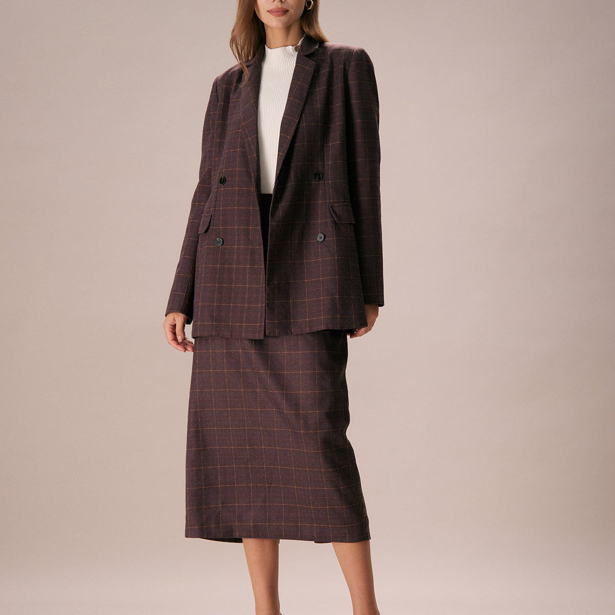 Shewess™ Kahve Yaka Kruvaze Ekose Blazer