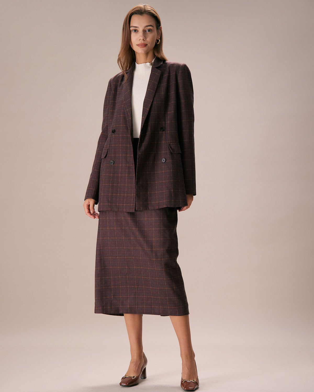 Shewess™ Kahve Yaka Kruvaze Ekose Blazer
