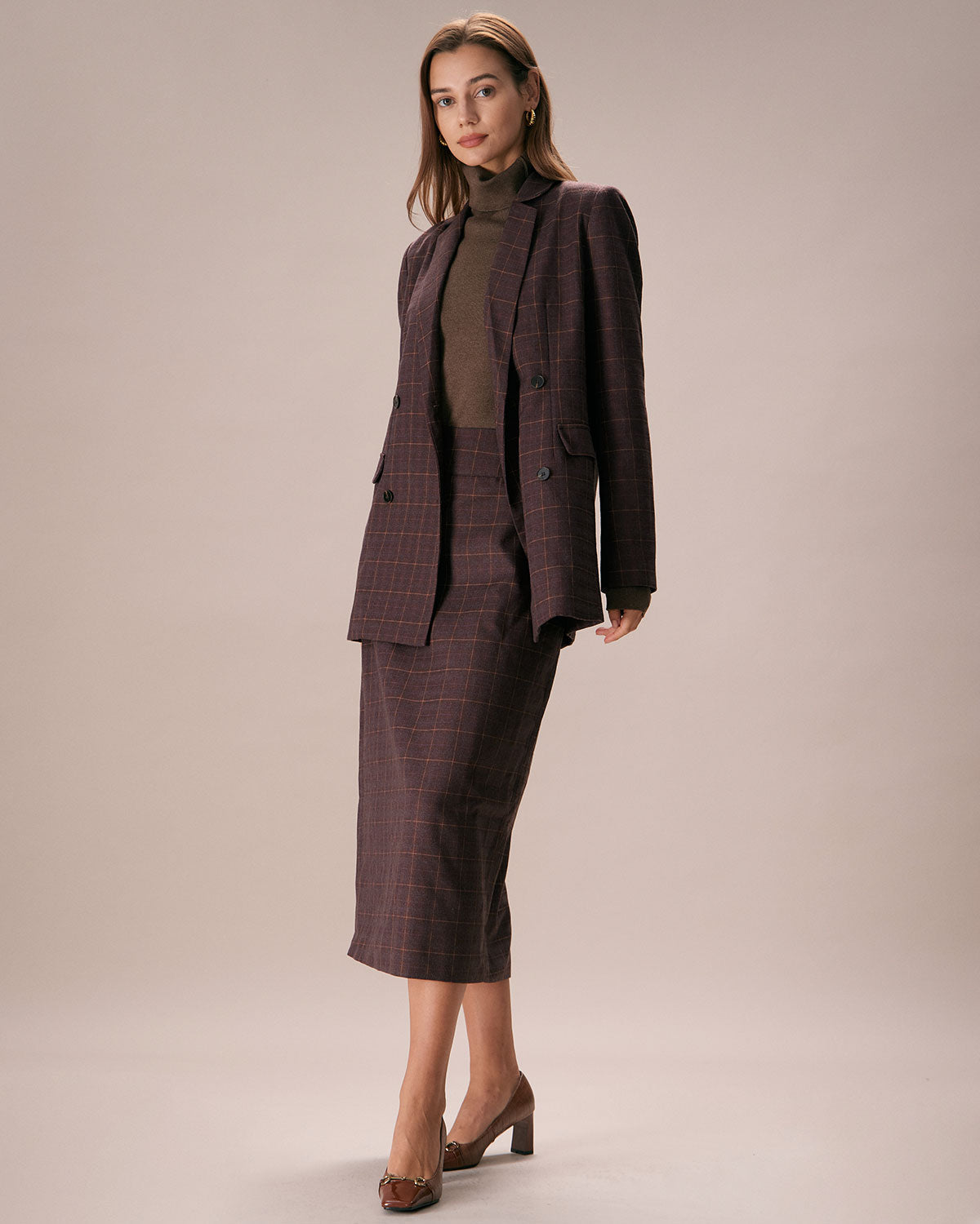 Shewess™ Kahve Yaka Kruvaze Ekose Blazer