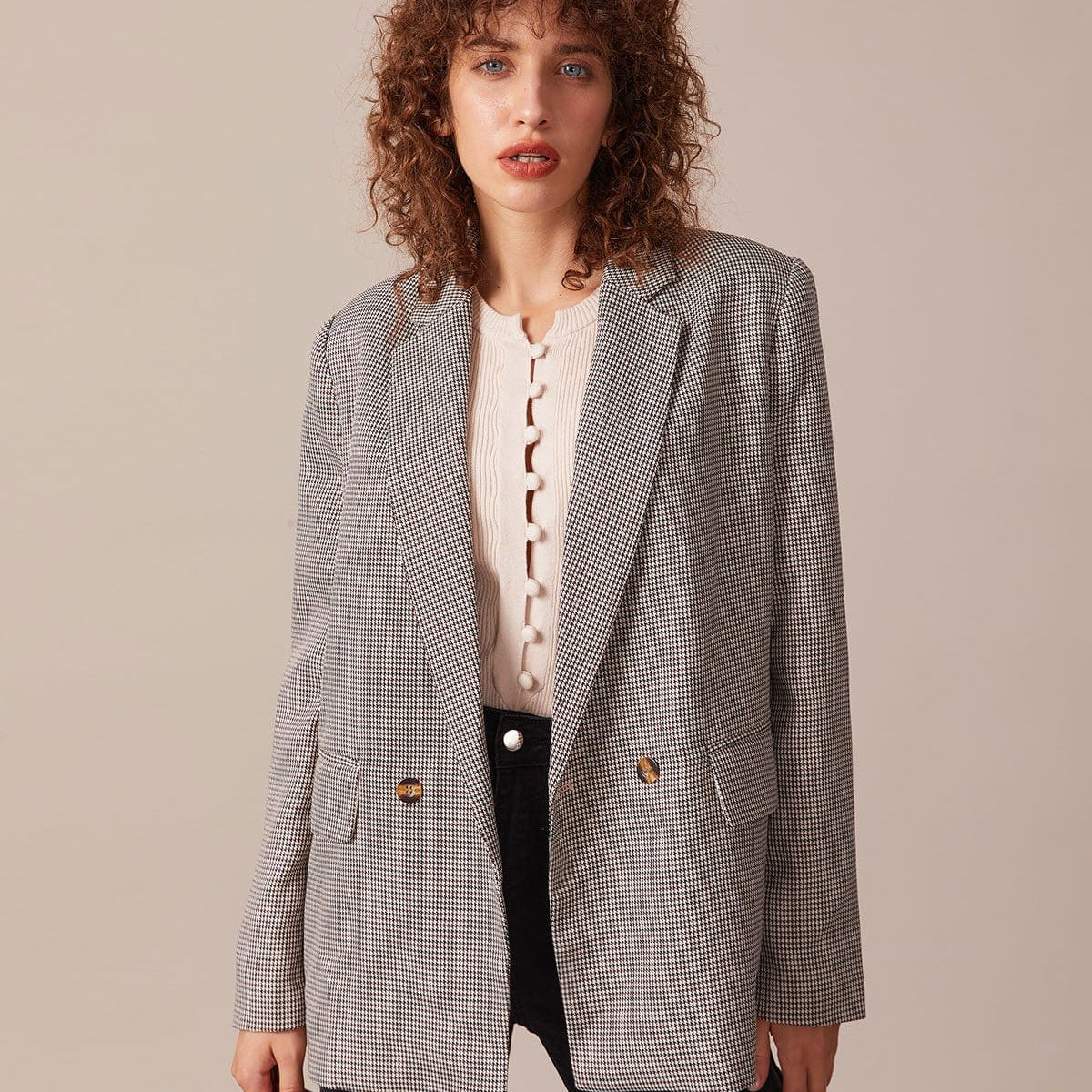 Shewess™ Kahve Yaka Kazayağı Düğmeli Blazer