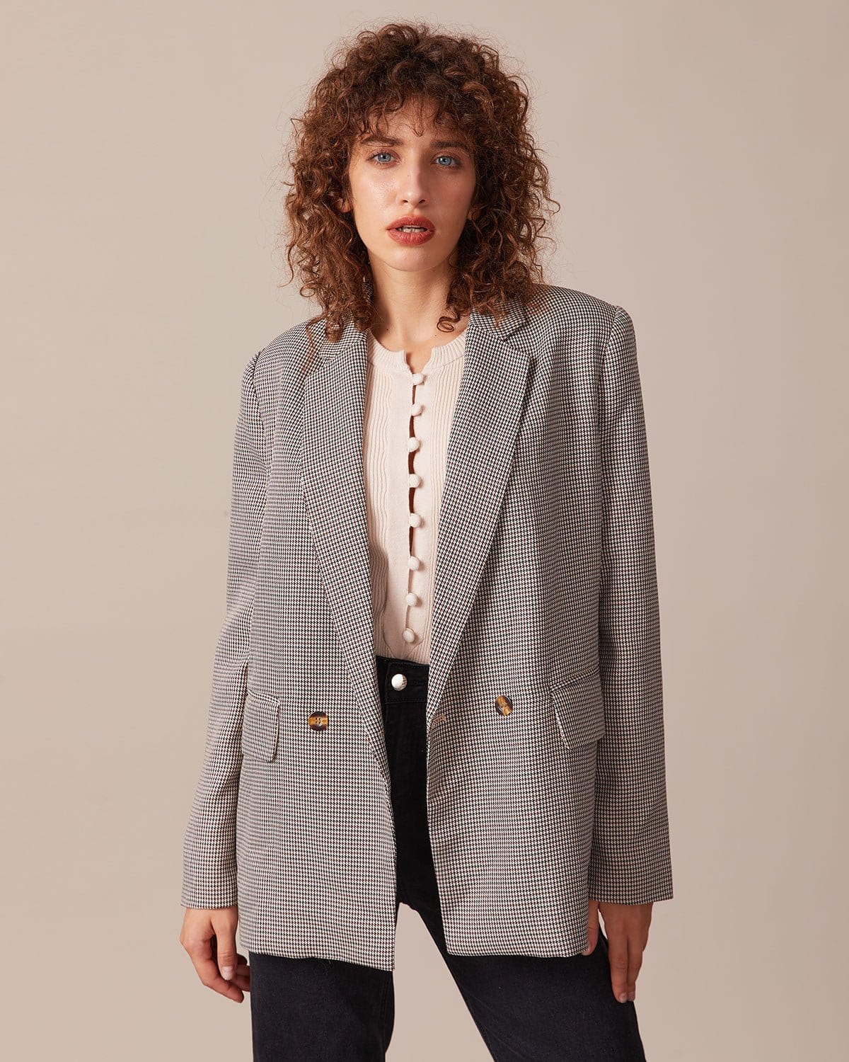 Shewess™ Kahve Yaka Kazayağı Düğmeli Blazer