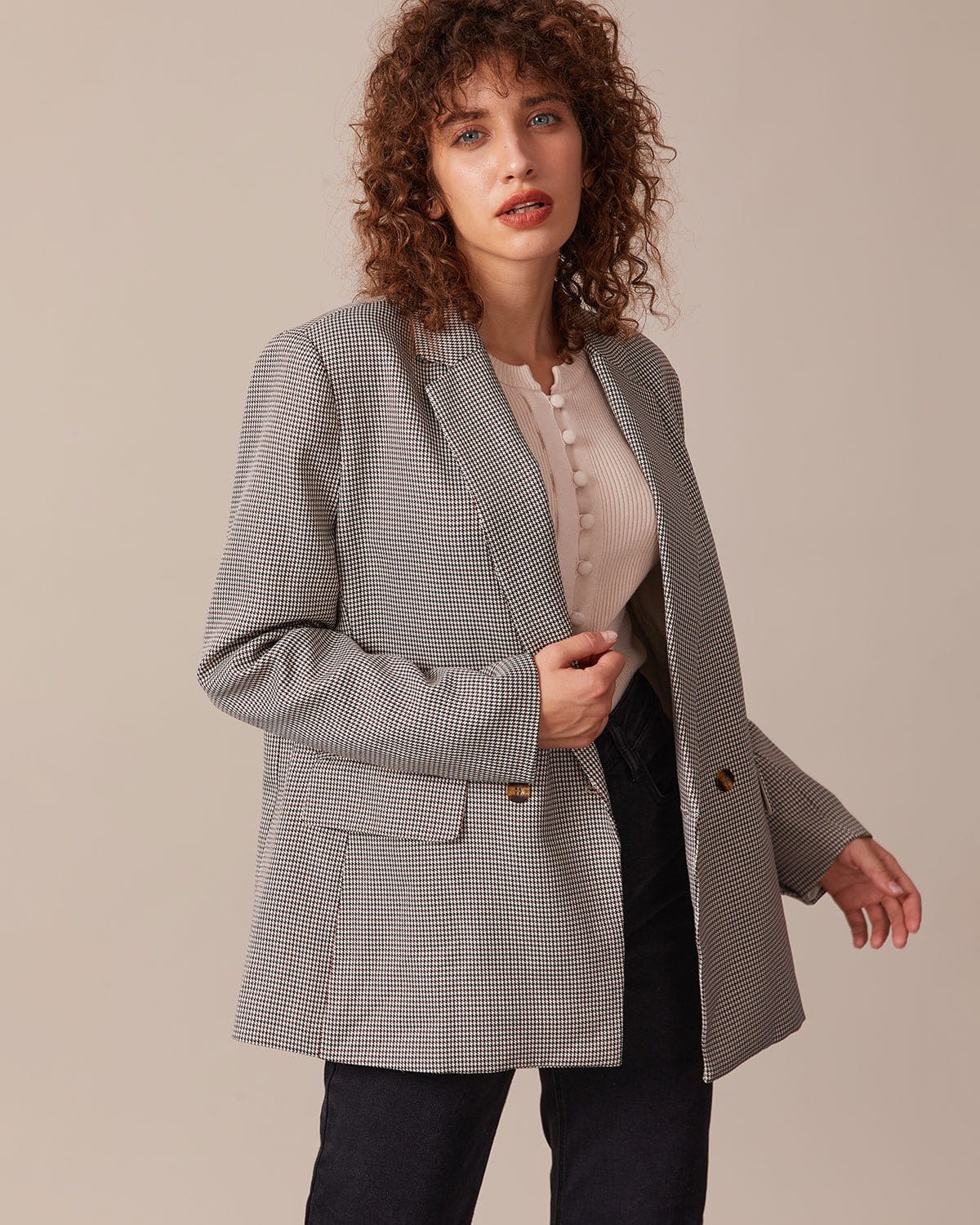 Shewess™ Kahve Yaka Kazayağı Düğmeli Blazer