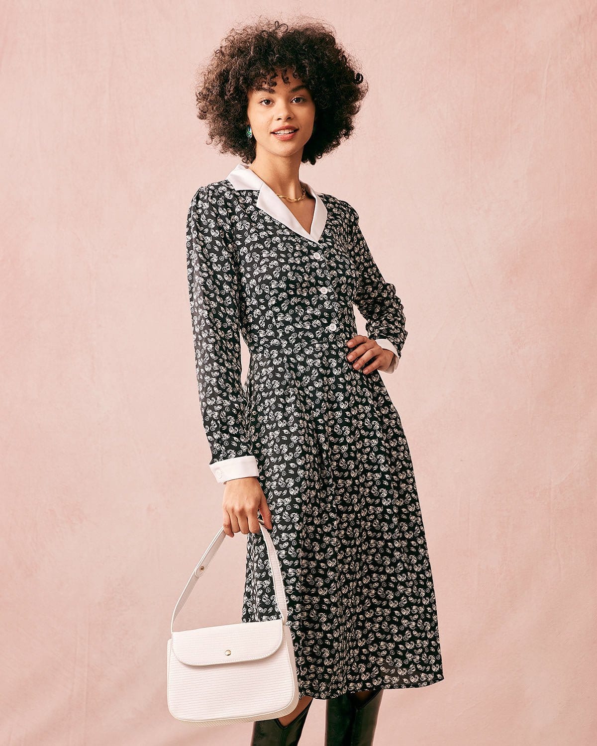 Shewess™ Yakalı Patchwork Uzun Kollu Midi Elbise