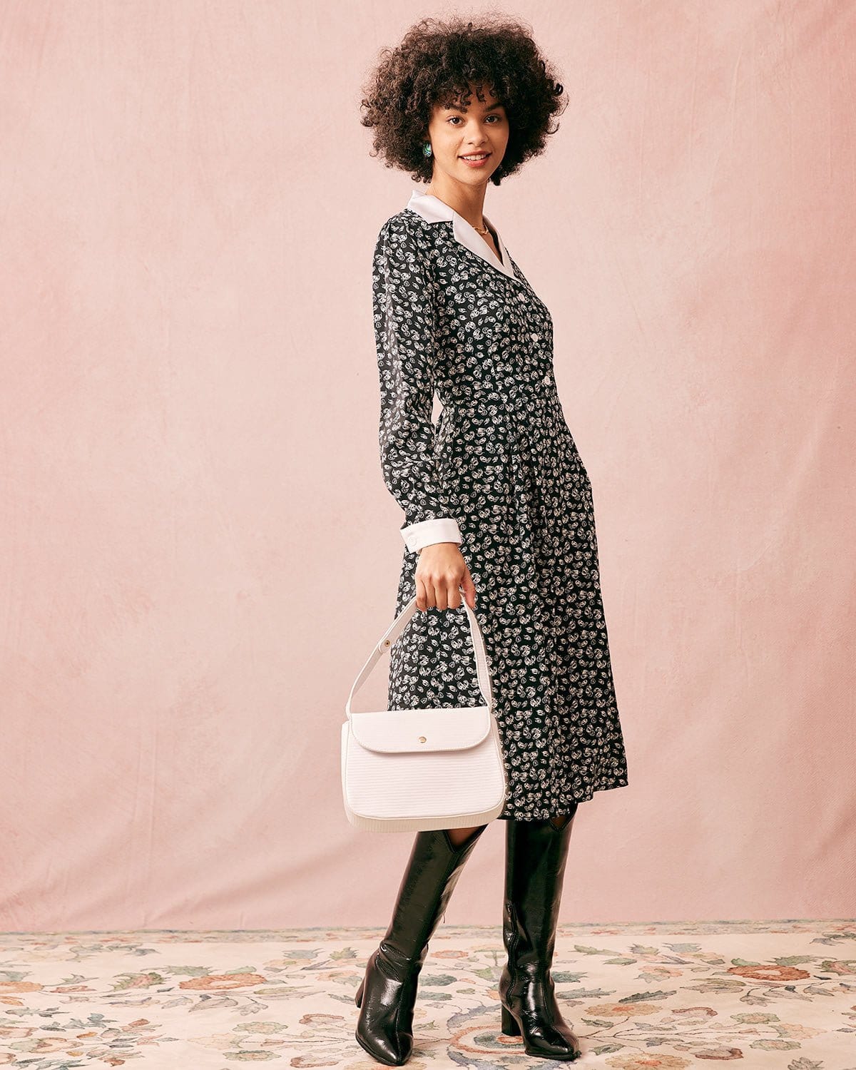 Shewess™ Yakalı Patchwork Uzun Kollu Midi Elbise