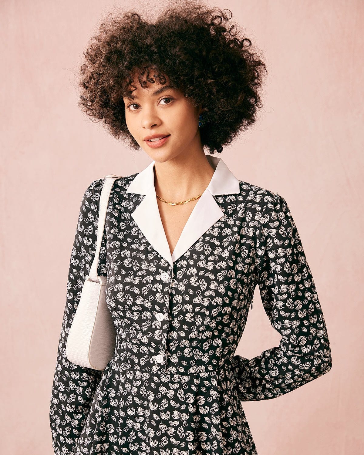 Shewess™ Yakalı Patchwork Uzun Kollu Midi Elbise