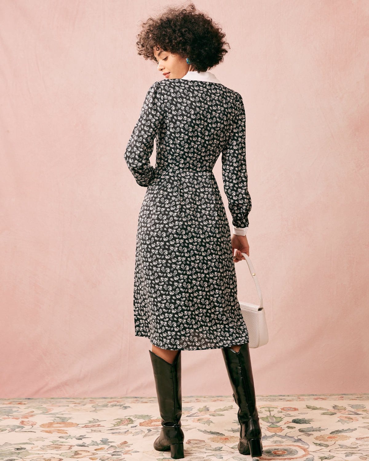 Shewess™ Yakalı Patchwork Uzun Kollu Midi Elbise