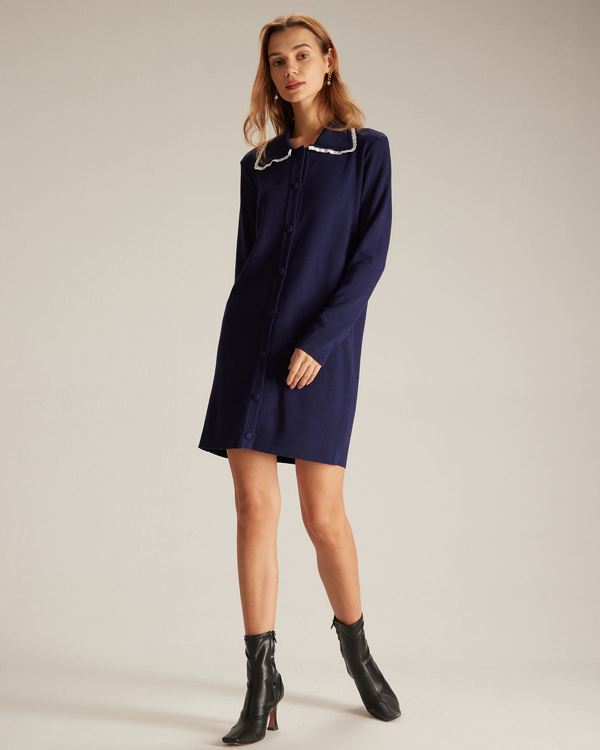 Shewess™ Lacivert Peter Pan Yaka Kazak Mini Elbise