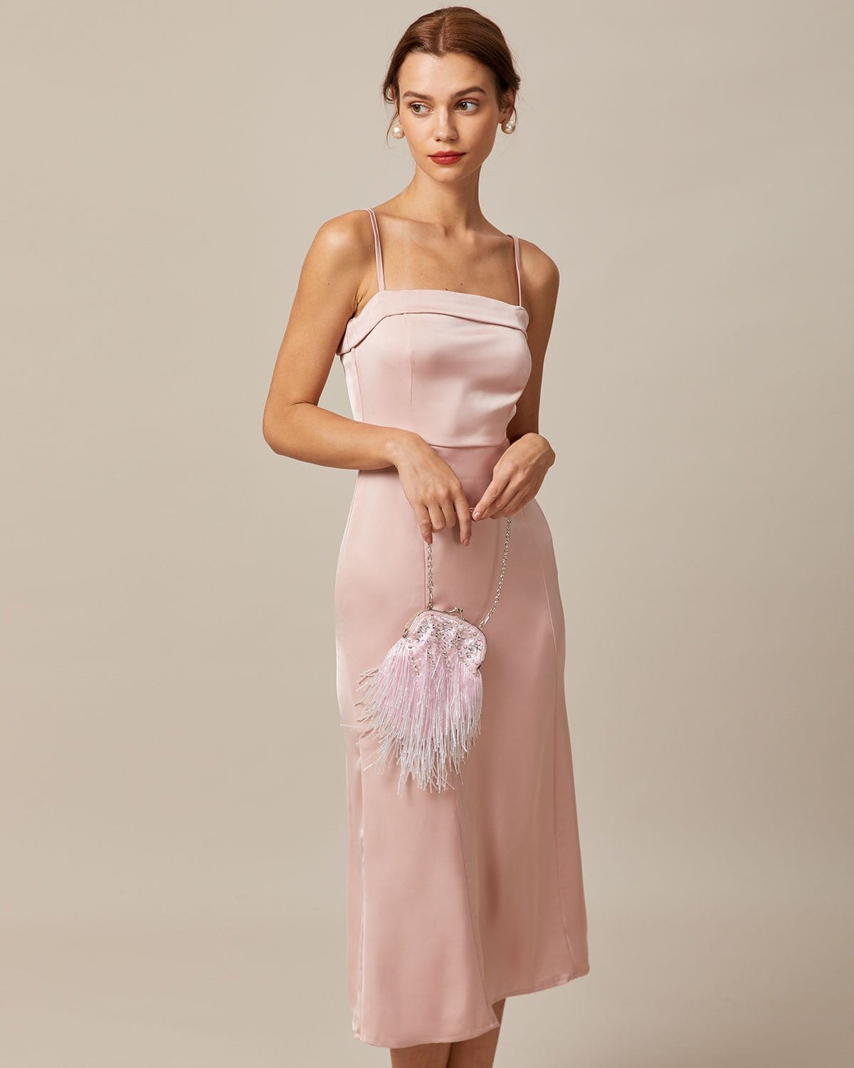 Shewess Pembe Bodycon Saten Cami Midi Elbise