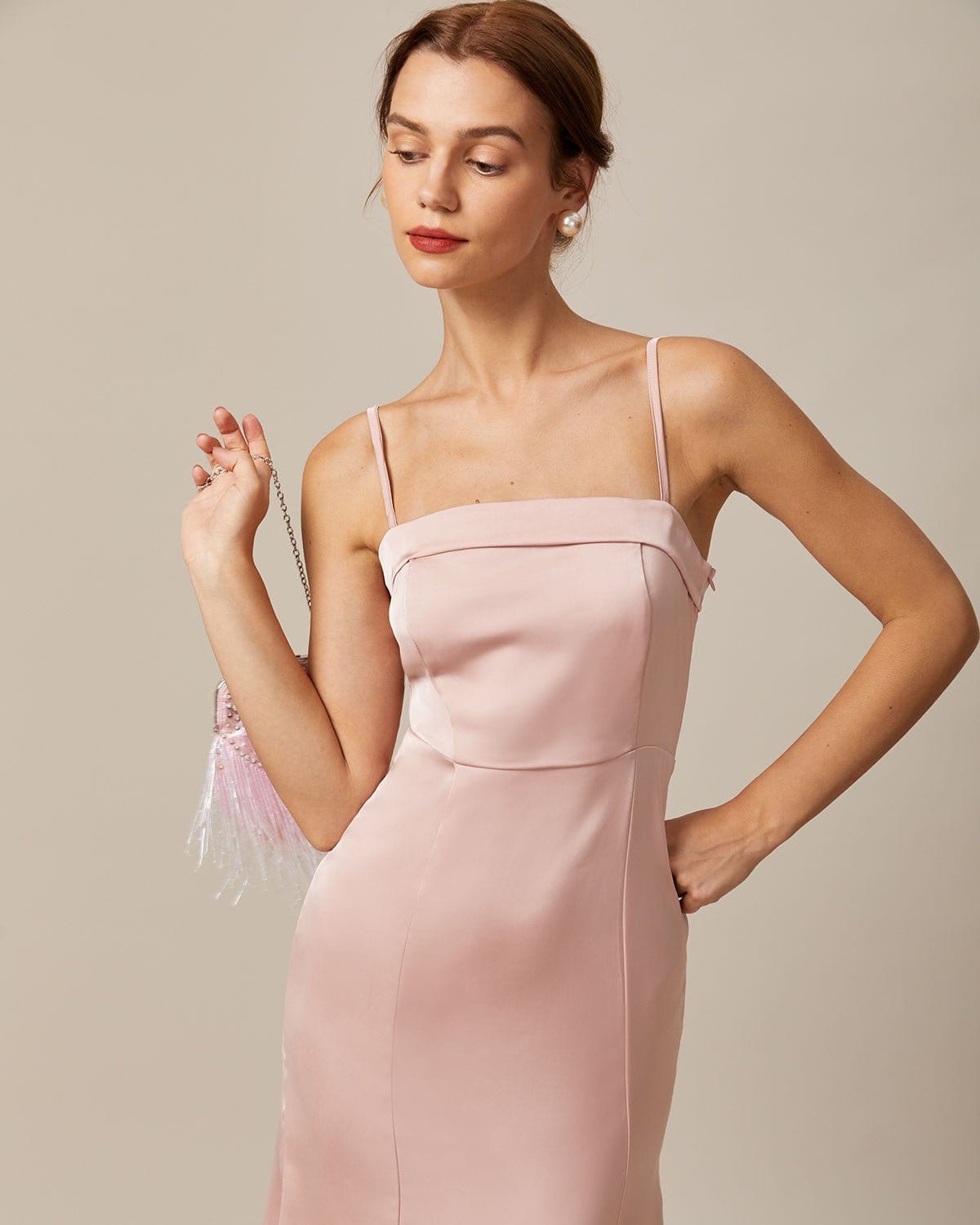 Shewess Pembe Bodycon Saten Cami Midi Elbise