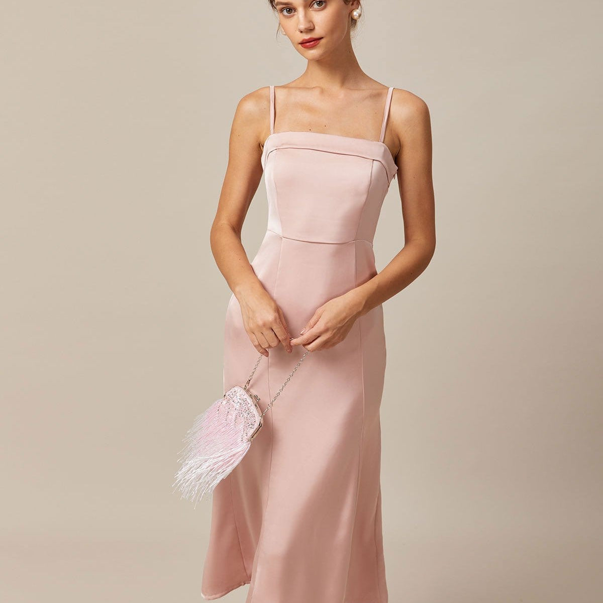 Shewess Pembe Bodycon Saten Cami Midi Elbise