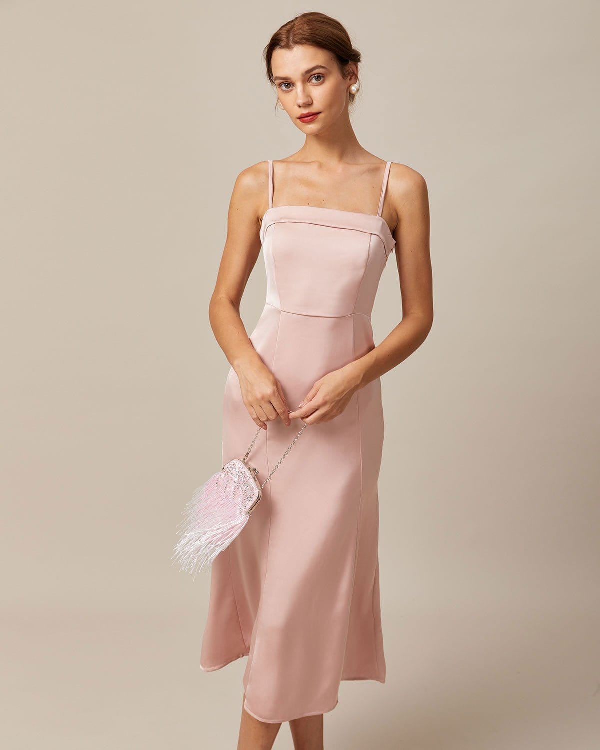 Shewess Pembe Bodycon Saten Cami Midi Elbise