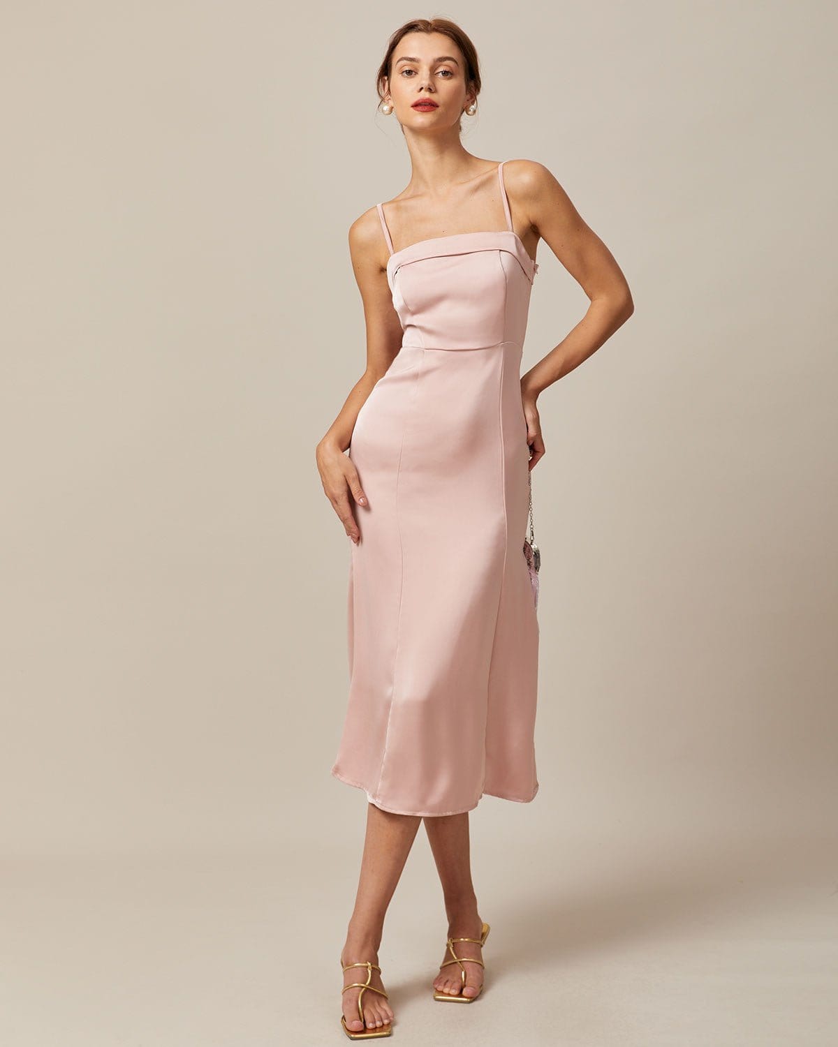 Shewess Pembe Bodycon Saten Cami Midi Elbise