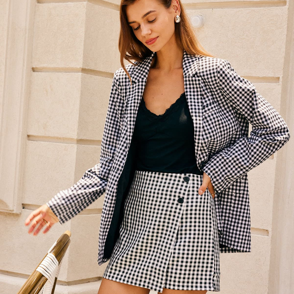 Shewess™ Siyah Yaka Ekose Tek Sıra Düğmeli Blazer