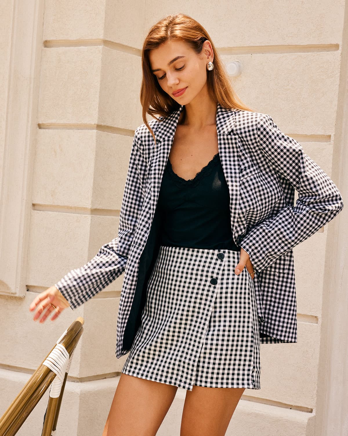 Shewess™ Siyah Yaka Ekose Tek Sıra Düğmeli Blazer