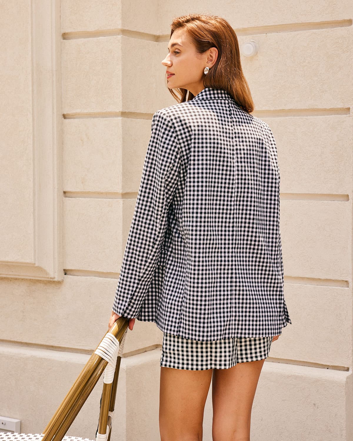 Shewess™ Siyah Yaka Ekose Tek Sıra Düğmeli Blazer