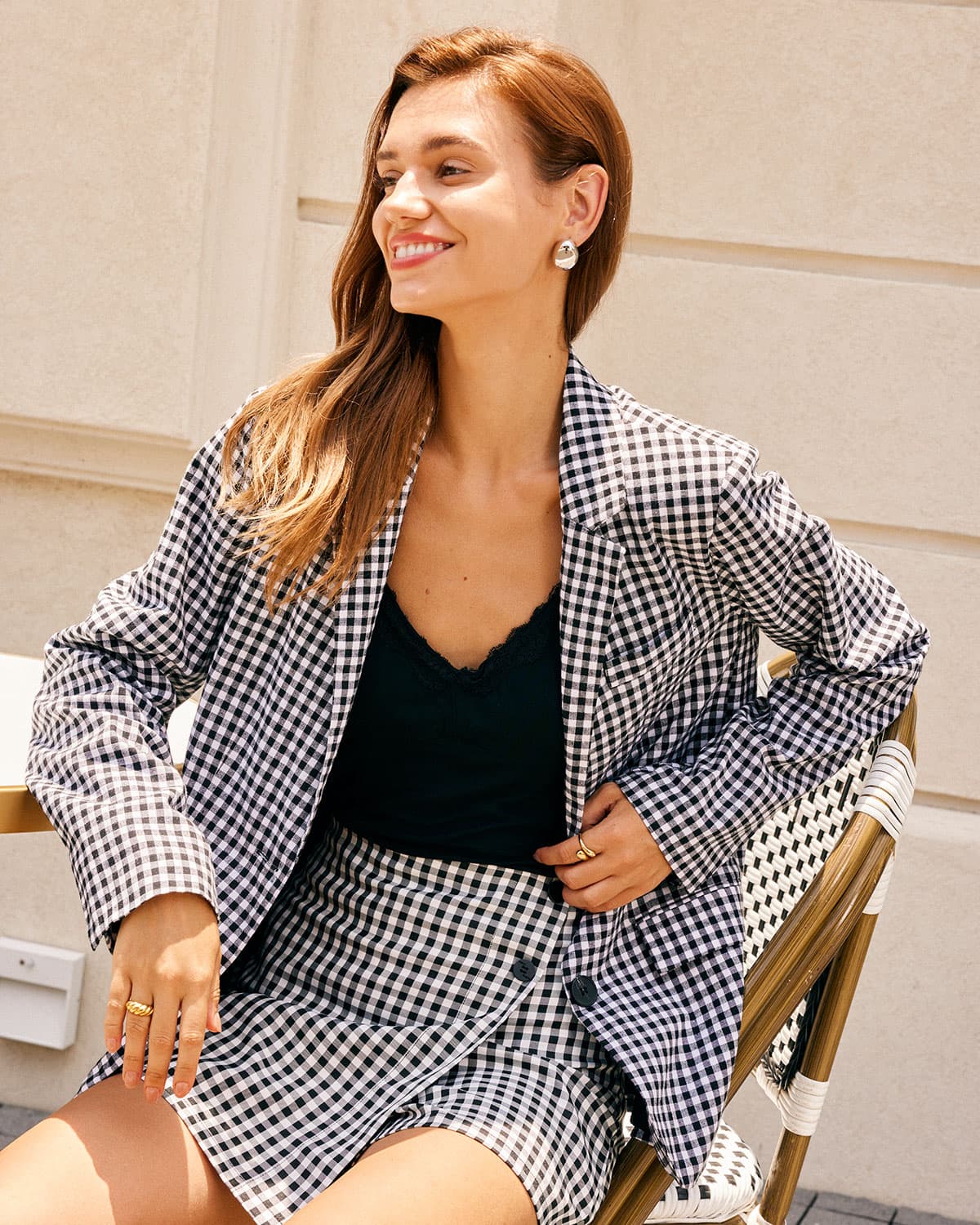 Shewess™ Siyah Yaka Ekose Tek Sıra Düğmeli Blazer