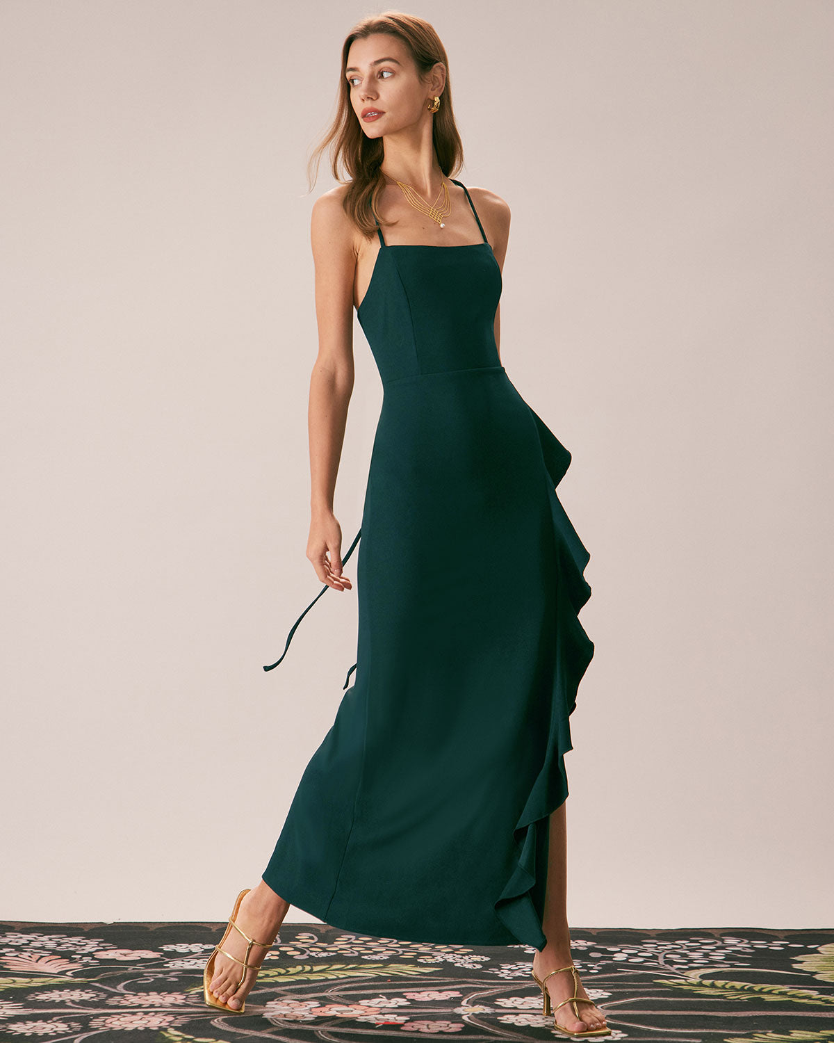 Shewess™ Yeşil Fırfırlı Çapraz Askılı Maxi Elbise